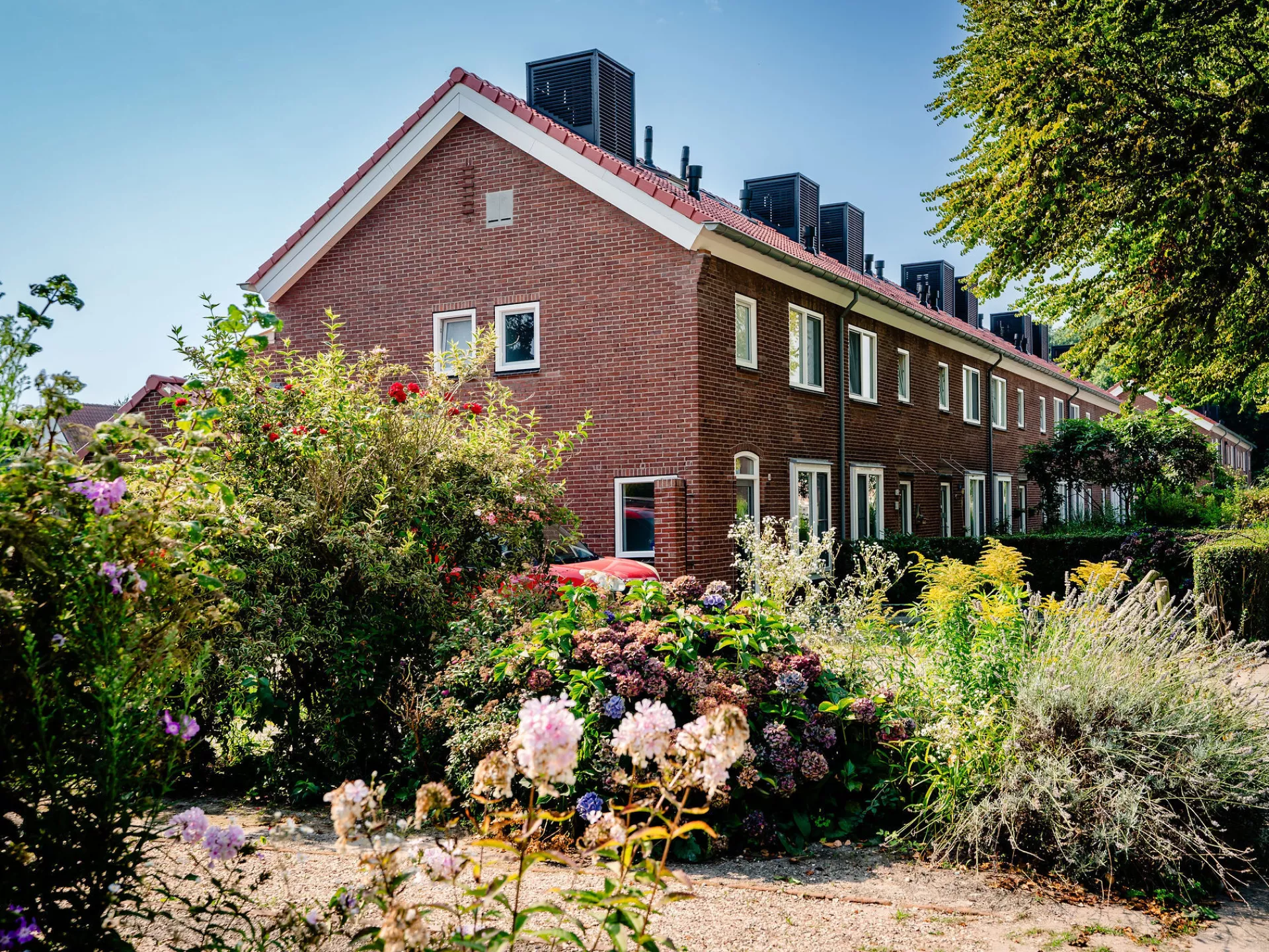 Woonblok met kleurrijke tuin ernaast