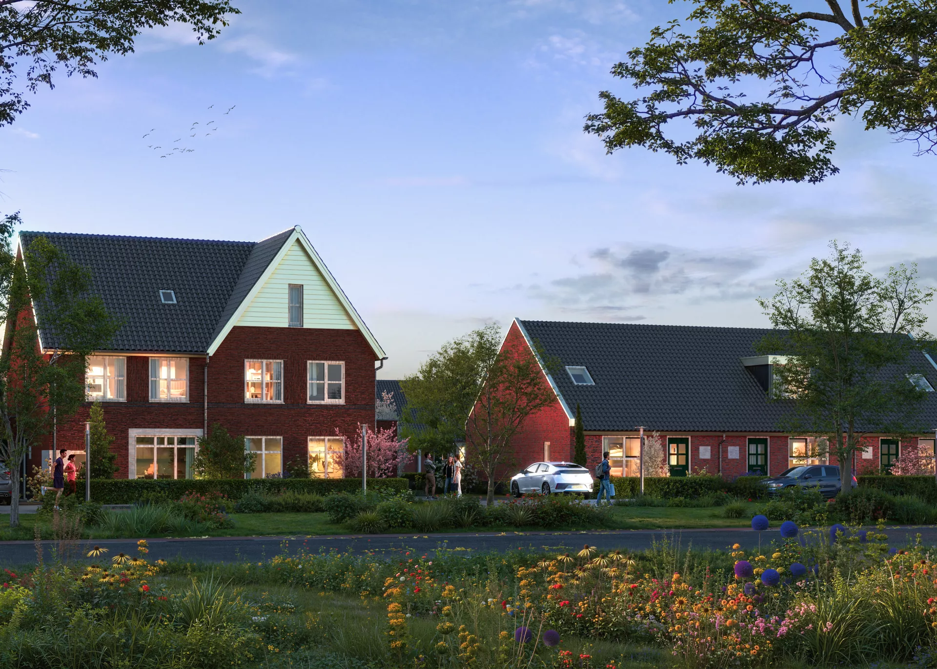 Baak: links op afbeelding de koopwoningen, rechts de huurwoningen 